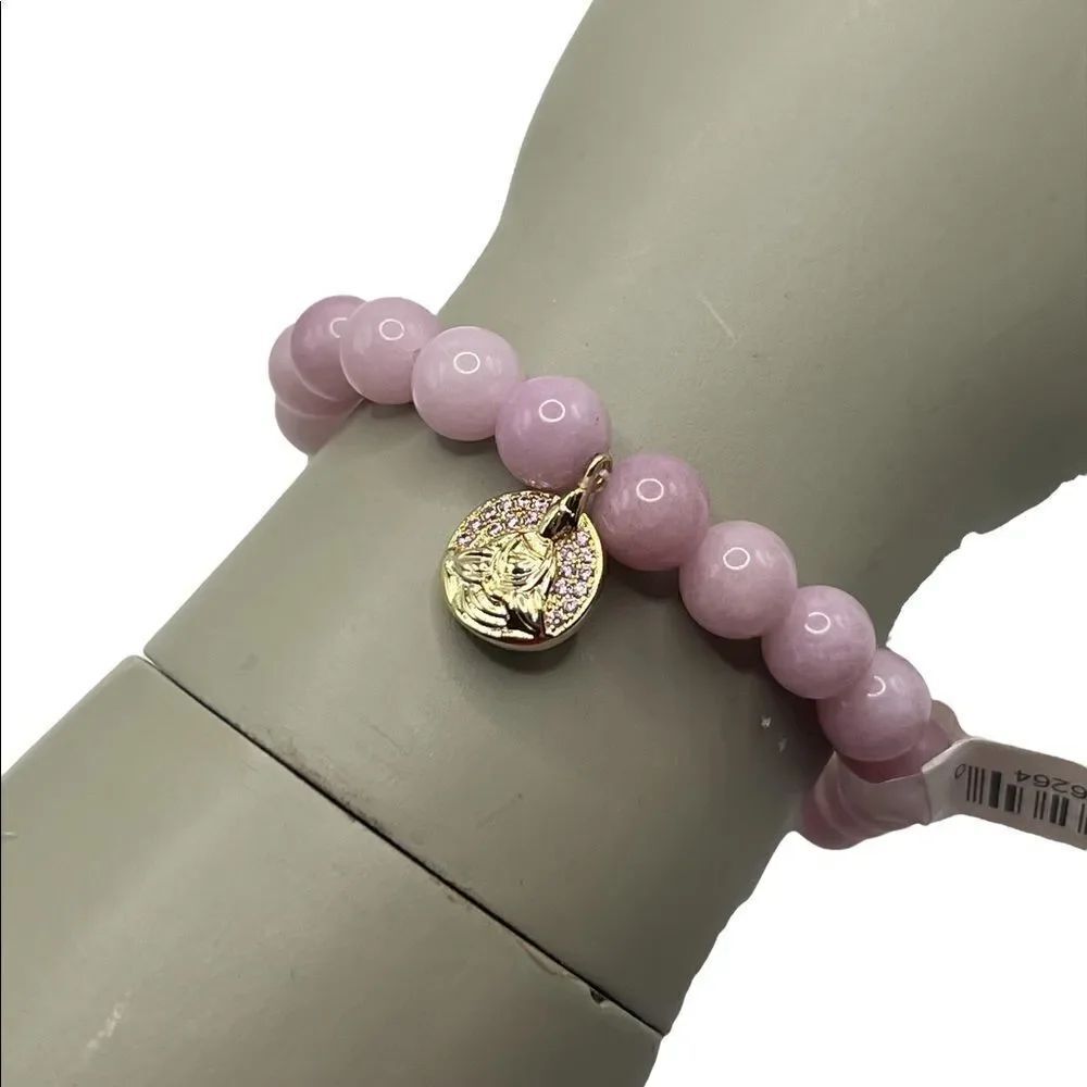 Kesi Jewels Macy's HE29 Rose Quartz Gold-Tone Buddha Charm Bead Bracelet NWT